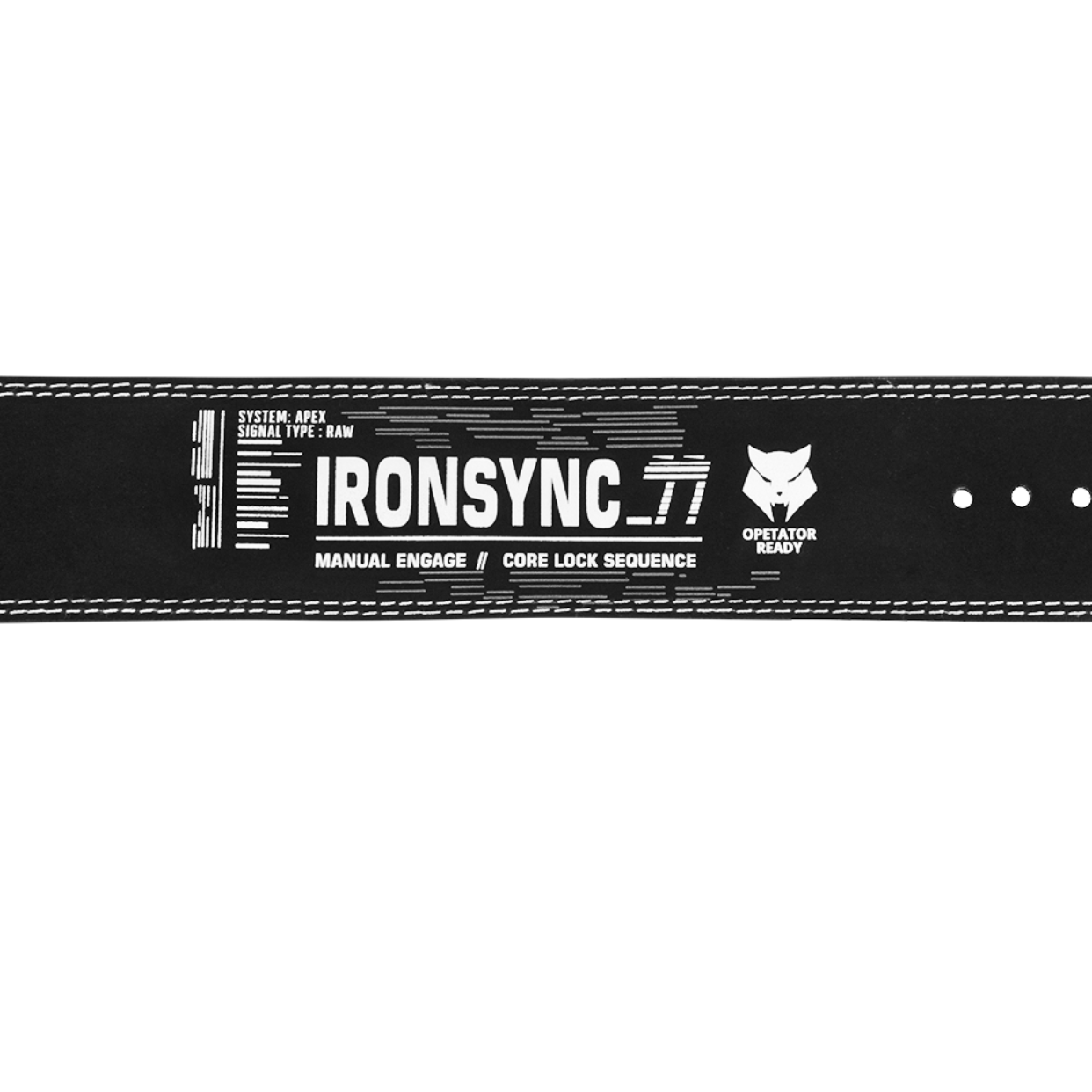 Black leather belt with 'Ironsync.77' branding on a white background