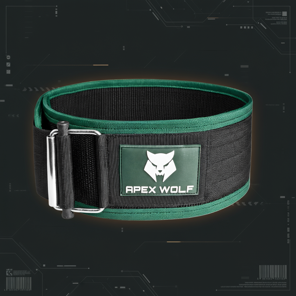 Green and black weightlifting belt with Apex Wolf logo on a black background