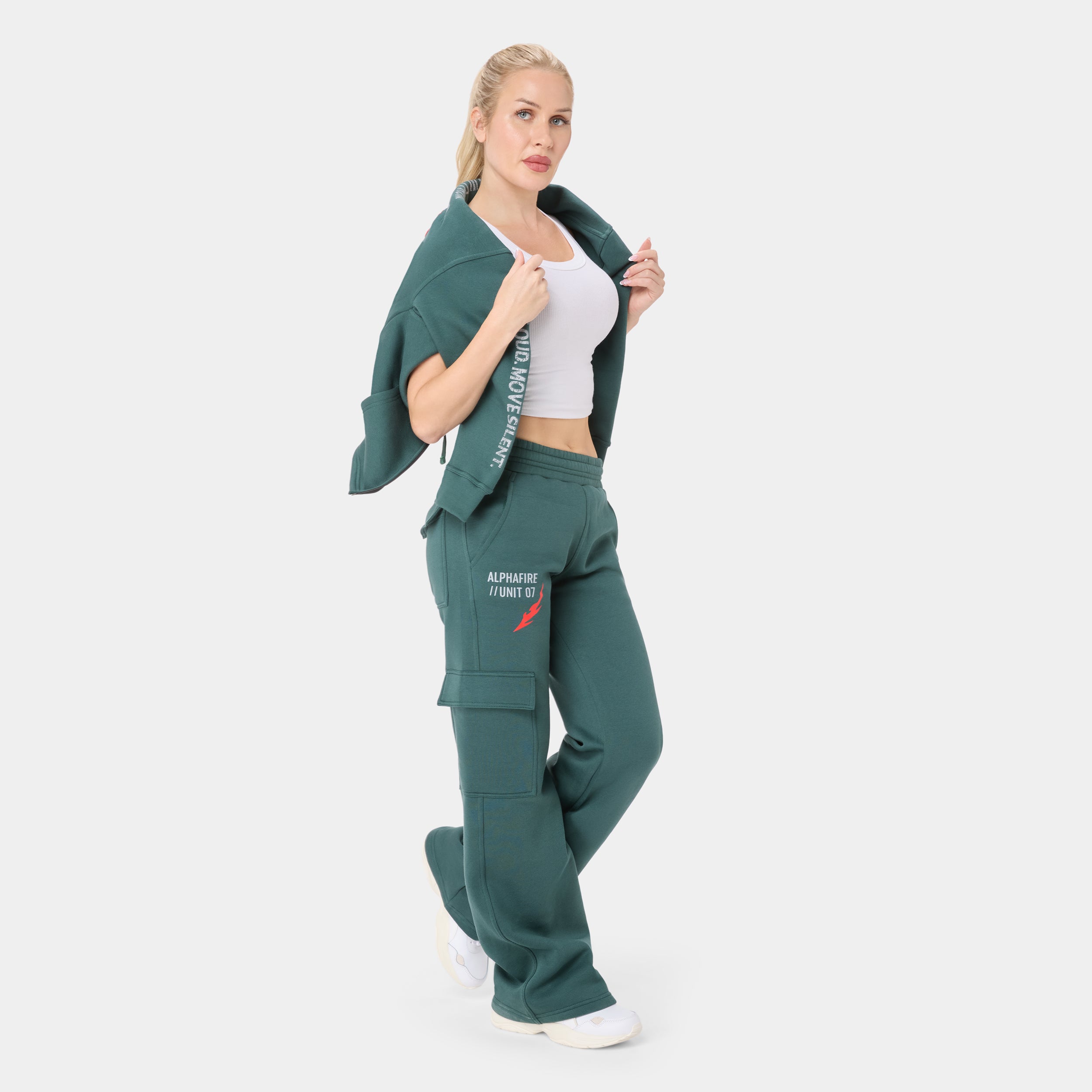 ALPHAFIRE BOTTOM — IRON FOREST — ¾ side angle, teal cargo sweatpants with ALPHAFIRE UNIT 07 thigh graphic and red lightning