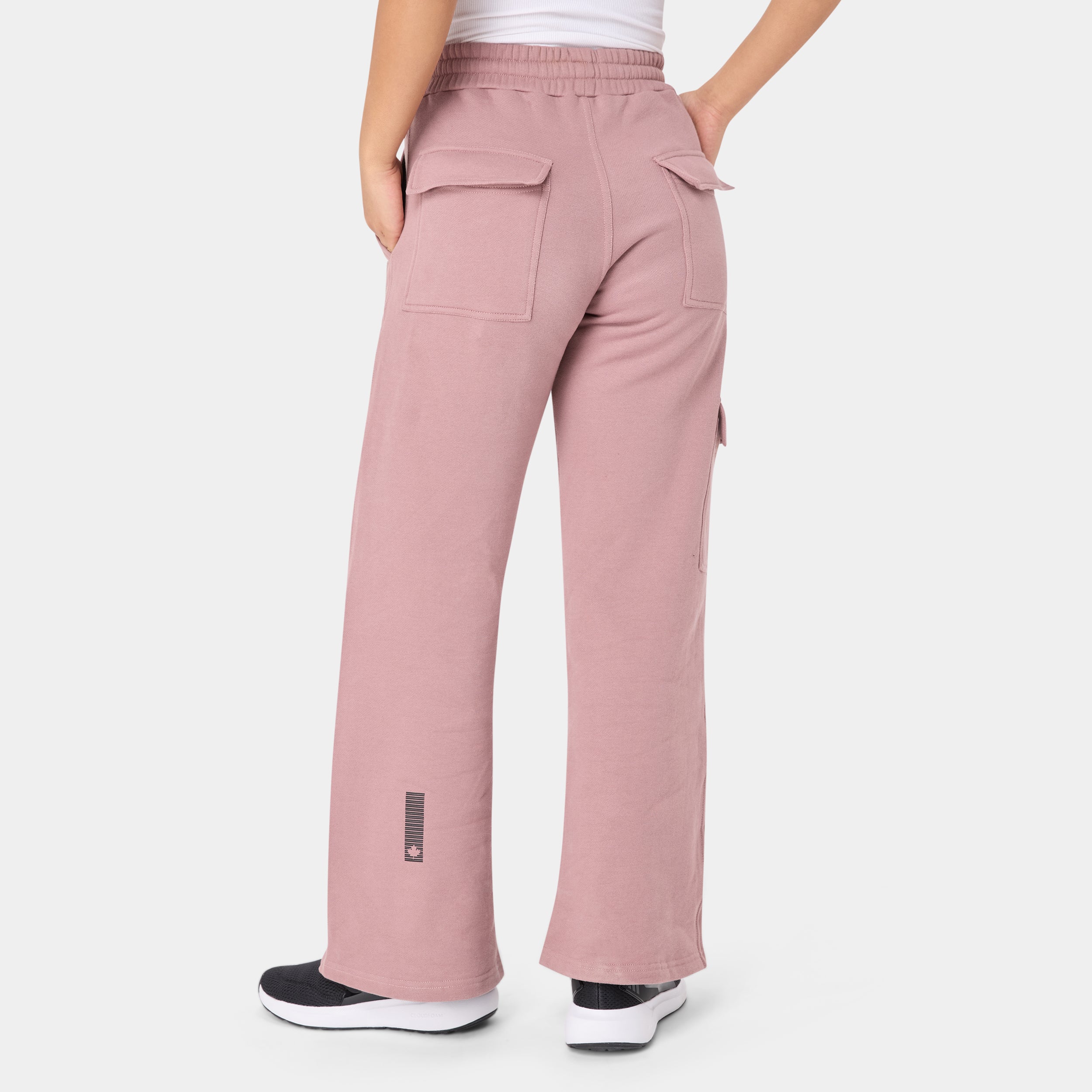 ALPHAFIRE BOTTOM — STORM ROSE — Rear view waist-down, pink cargo sweatpants with dual flap back pockets and wide-leg