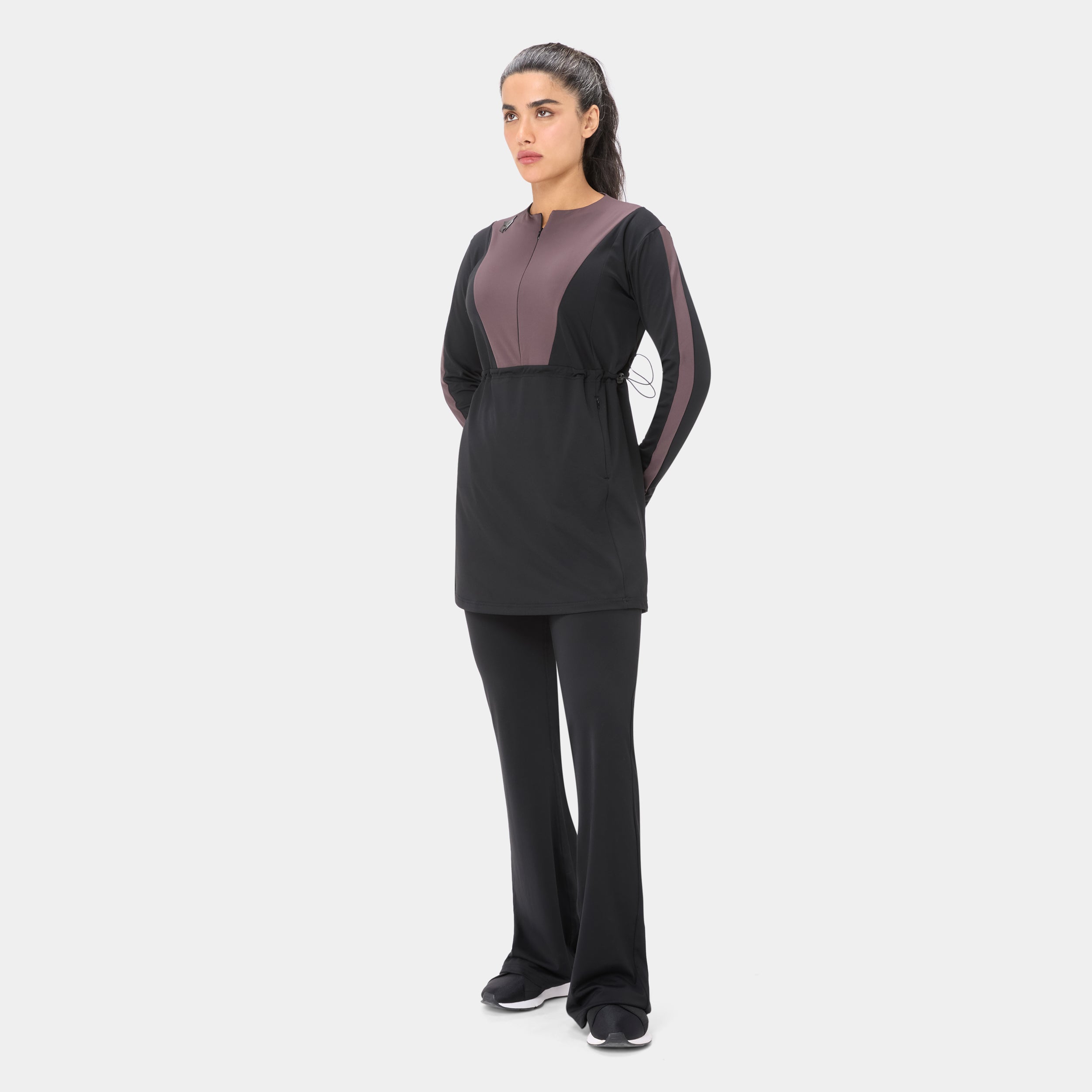 Onyx Flow Top Modest Dress – Black Burnt Mauve — angle 5 view, Onyx Flow Top Modest Dress – Black Burnt Mauve