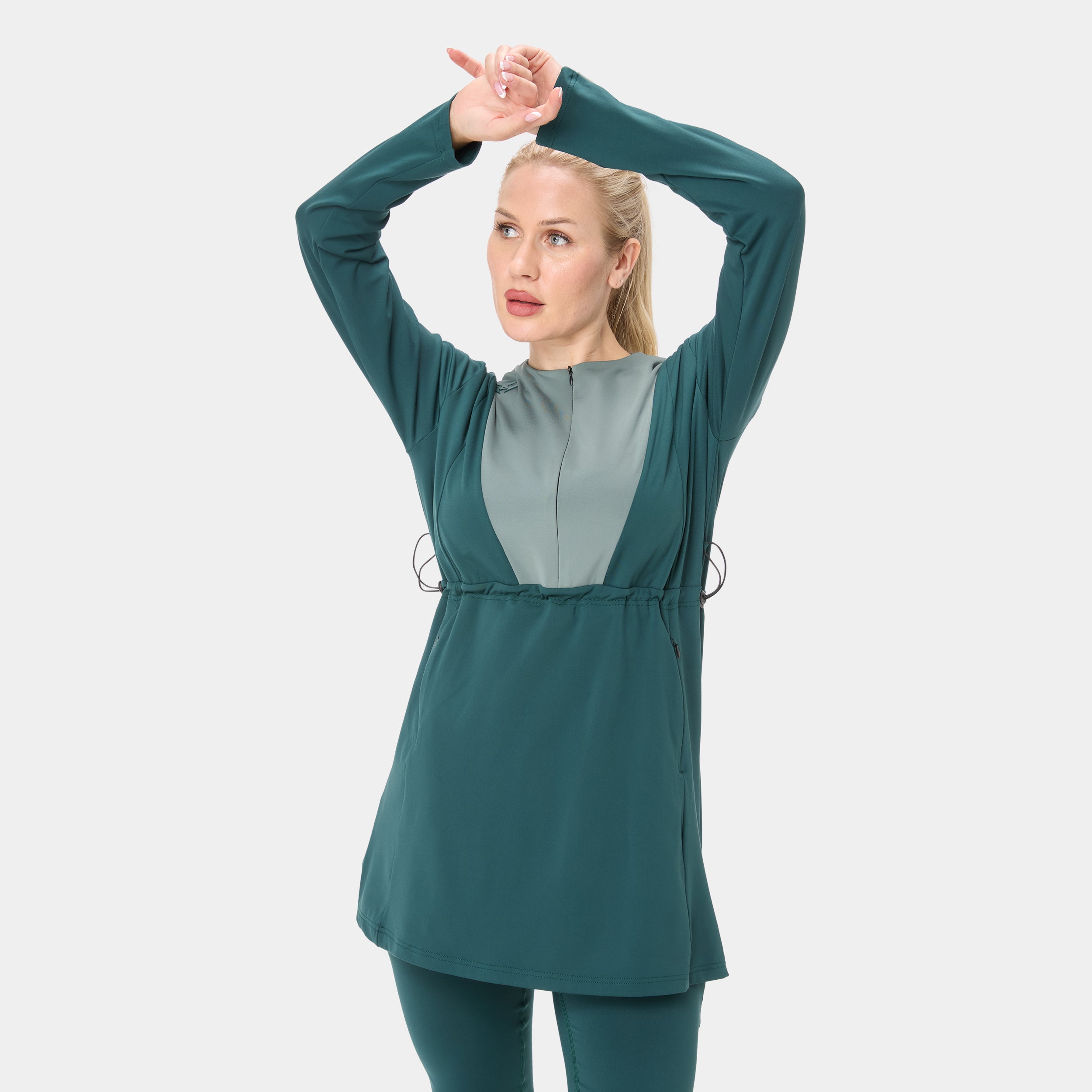 Onyx Flow Top Modest Dress – Alpha Forest Sage — front view