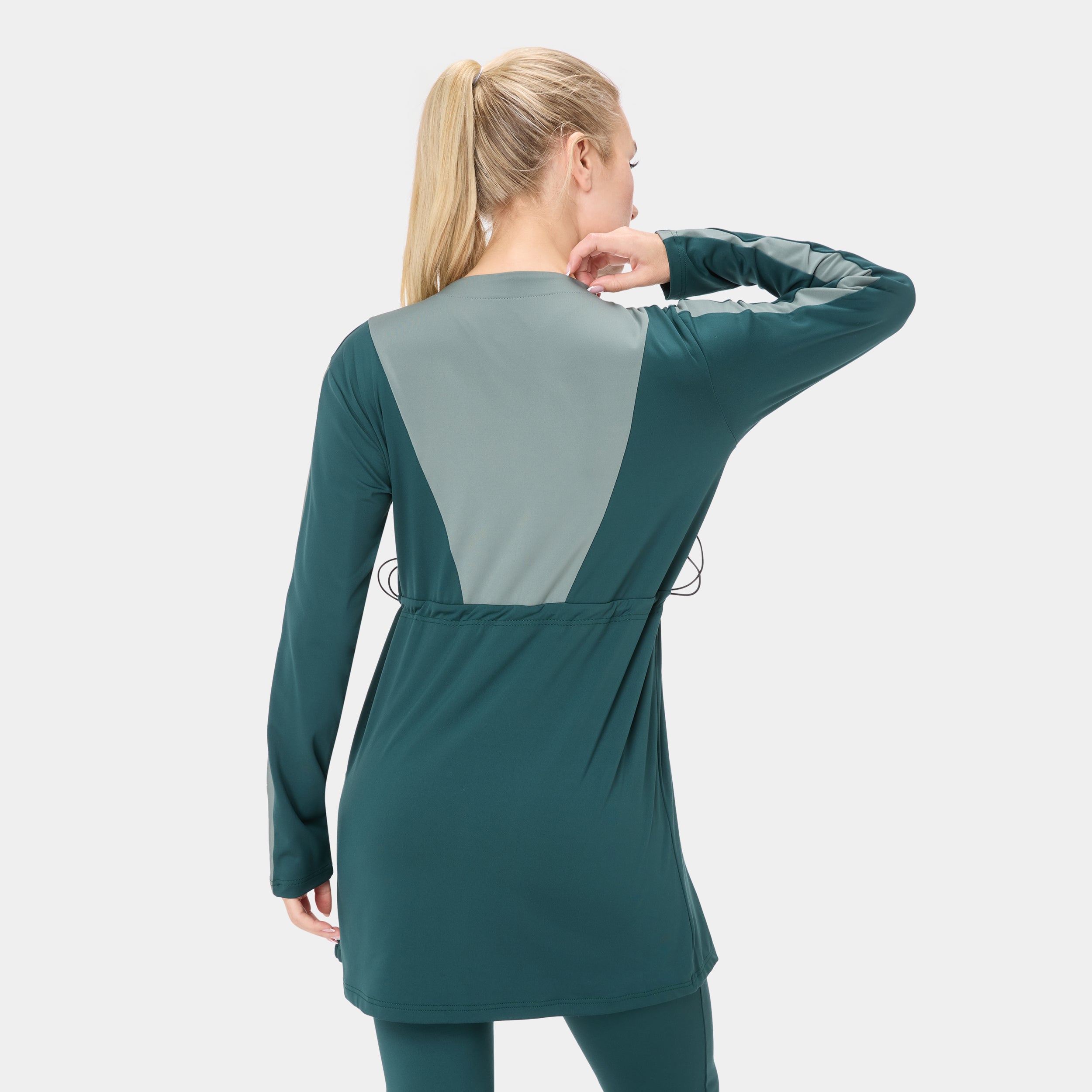Onyx Flow Top Modest Dress – Alpha Forest Sage — back view
