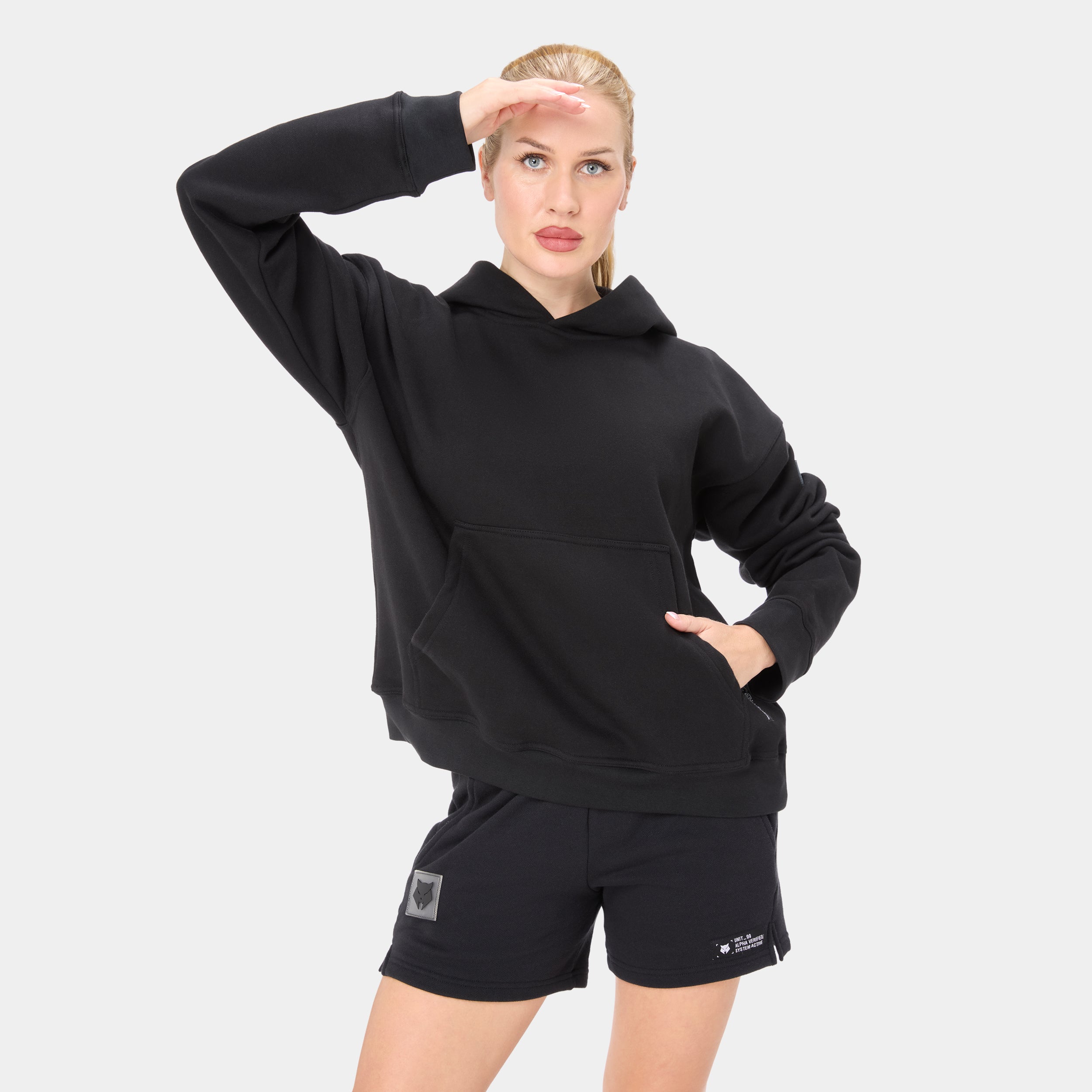 VOLTFEM_77 HOODIE — WAR BLACK — back view