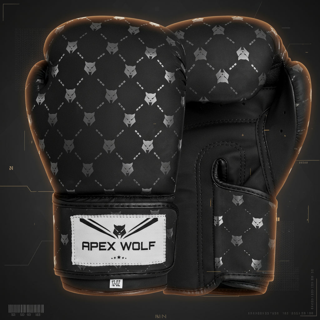 Black boxing gloves with geometric pattern and Apex Wolf branding on a transparent background