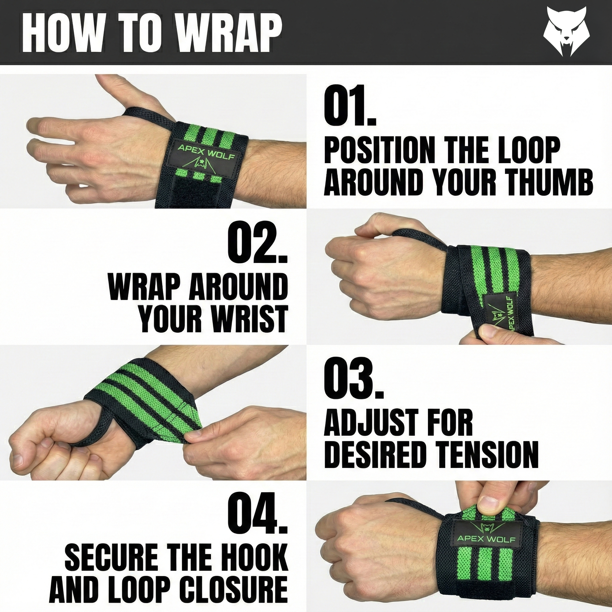 أربطة معصم Green Apex Wolf BattleWrap – دعامة معصم قطنية عالية الجودة لرفع الأثقال، ورفع الأثقال الأولمبي، وتدريبات كروس فيت