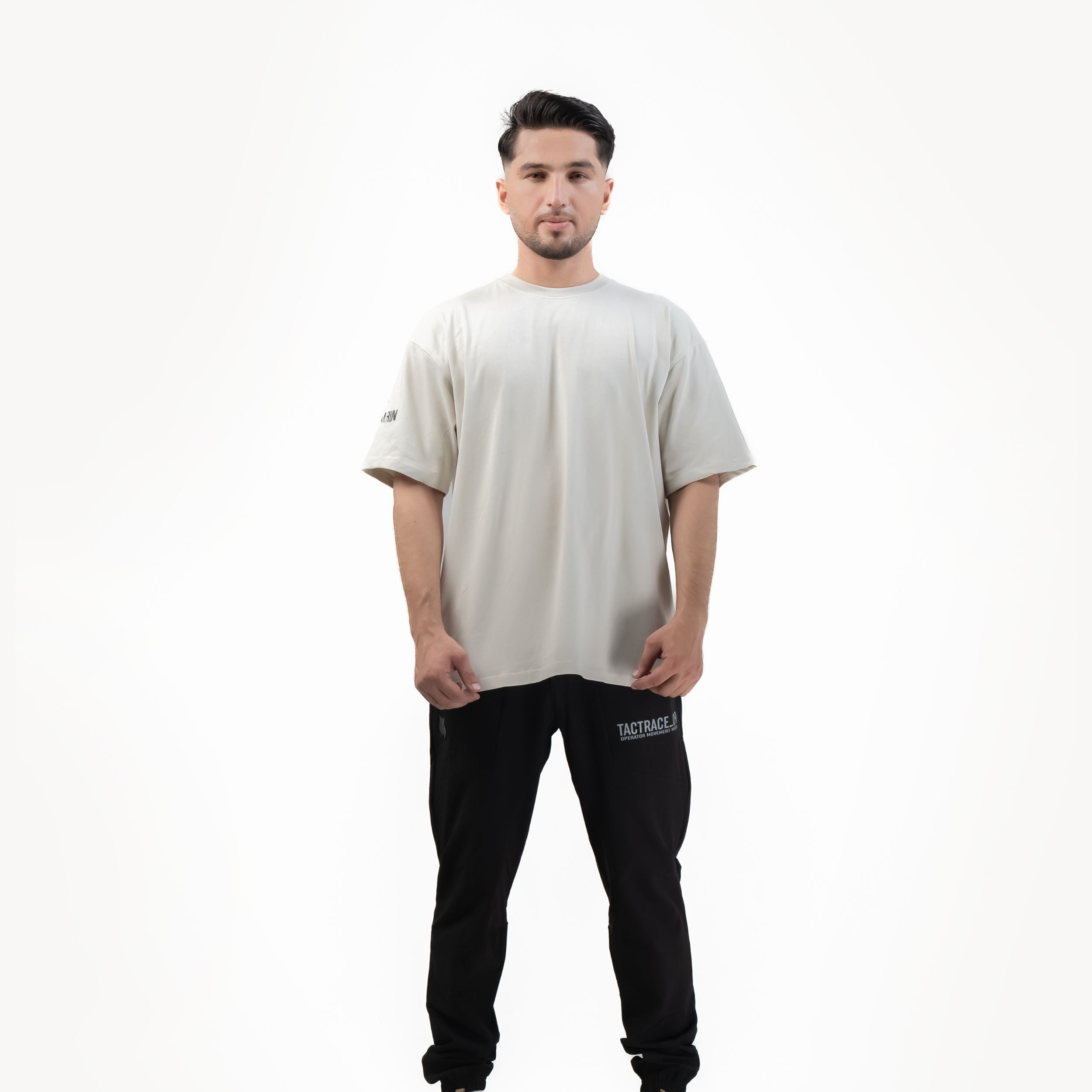 OPERATOR_77 OVERSIZED TEE — TACTICAL BEIGE — angle 4 view, OPERATOR_77 OVERSIZED TEE — TACTICAL BEIGE