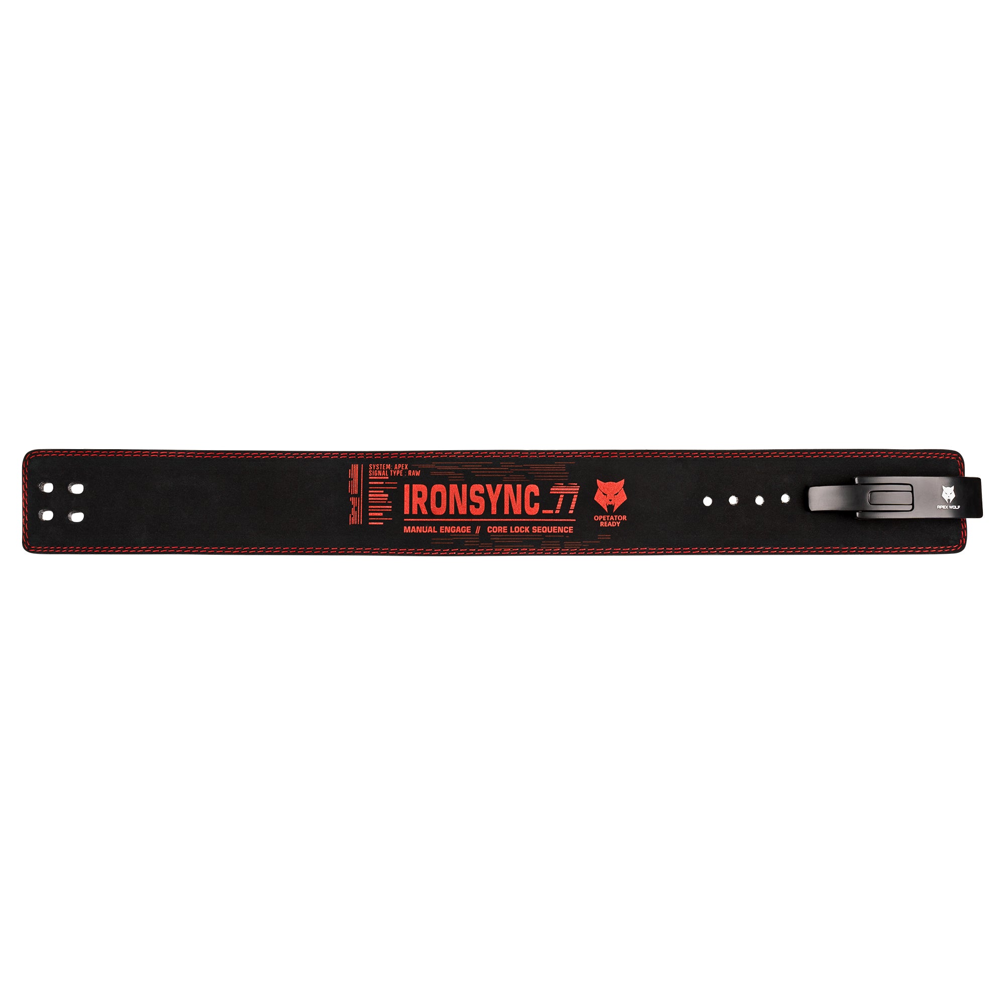 Black leather weightlifting belt with 'IRONSYNC 77' branding on a white background
