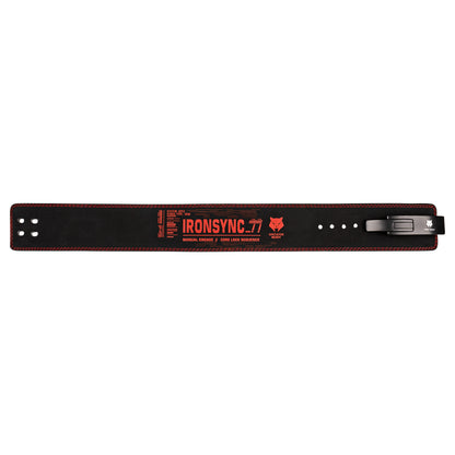 Black leather weightlifting belt with 'IRONSYNC 77' branding on a white background