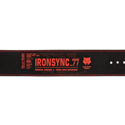 Black leather weightlifting belt with 'IRONSYNC 77' branding on a white background