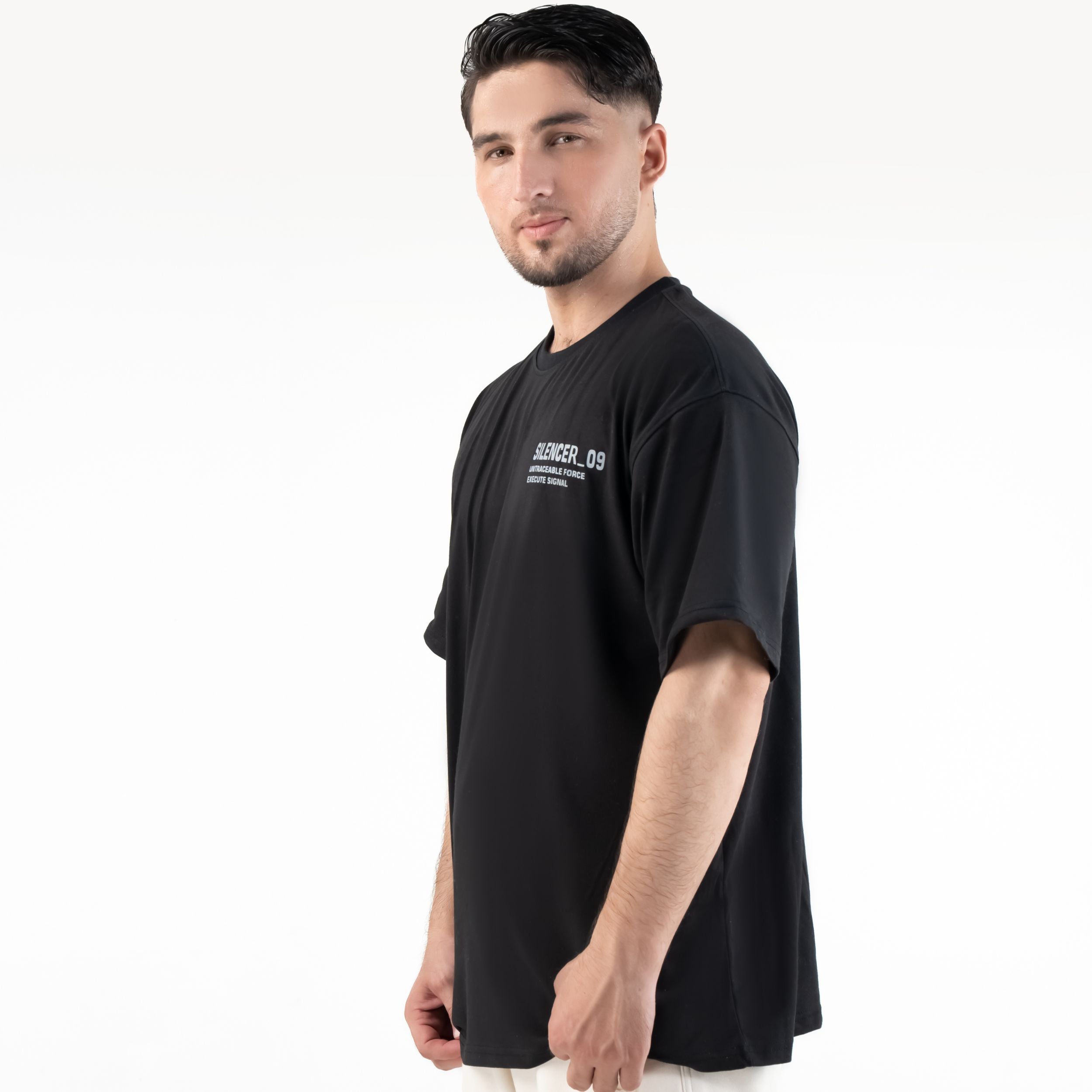 SILENCER 09 OVERSIZE TEE — WAR BLACK — side/detail view, SILENCER 09 OVERSIZE TEE — WAR BLACK