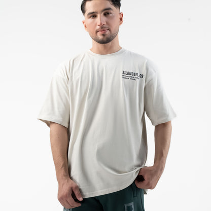 SILENCER 09 OVERSIZE TEE — TACTICAL BEIGE — side/detail view, SILENCER 09 OVERSIZE TEE — TACTICAL BEIGE