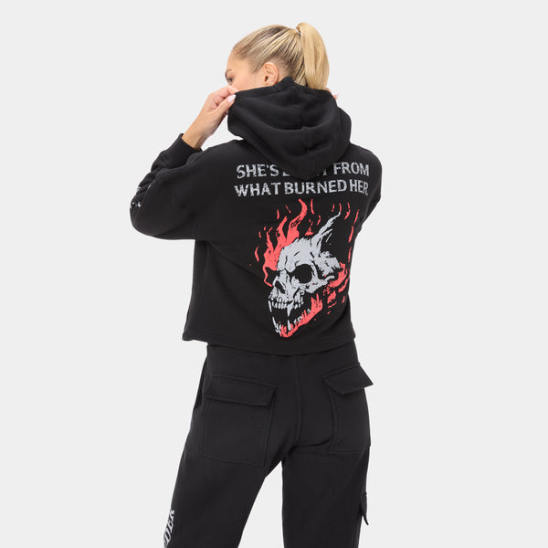 ALPHAFIRE CROP HOODIE — WAR BLACK