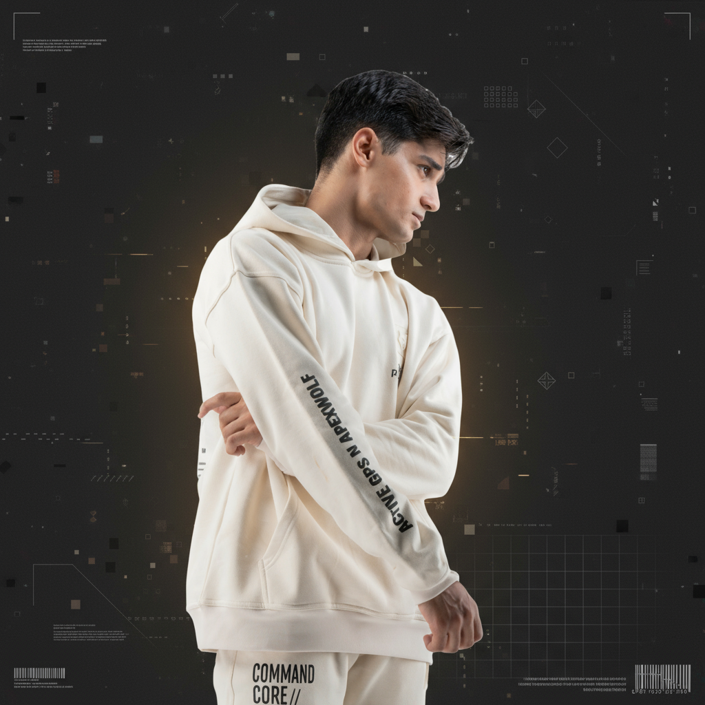 Person wearing a beige hoodie with text on sleeves against a black background