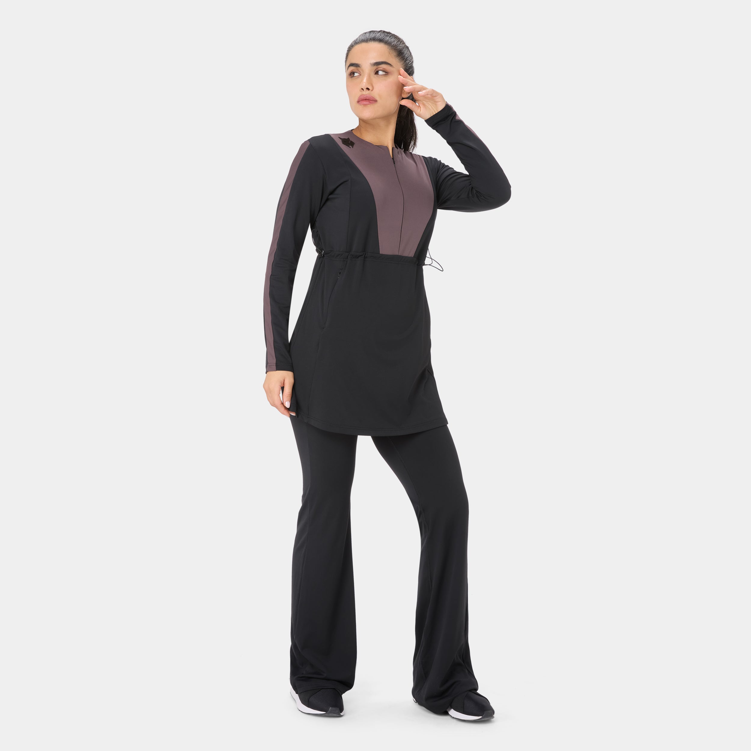 Onyx Flow Top Modest Dress – Black Burnt Mauve — side/detail view, Onyx Flow Top Modest Dress – Black Burnt Mauve